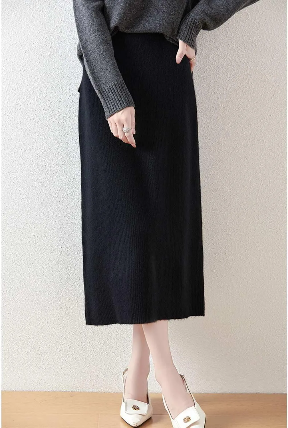 Length Skirt Women Autumn Winter 100% Merino Wool Knit Long Skirt Ribbed Elastic Warm Sweater Skirt