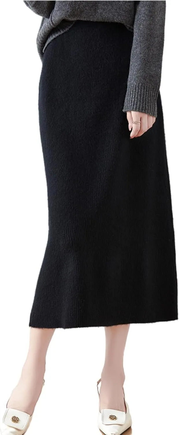 Length Skirt Women Autumn Winter 100% Merino Wool Knit Long Skirt Ribbed Elastic Warm Sweater Skirt