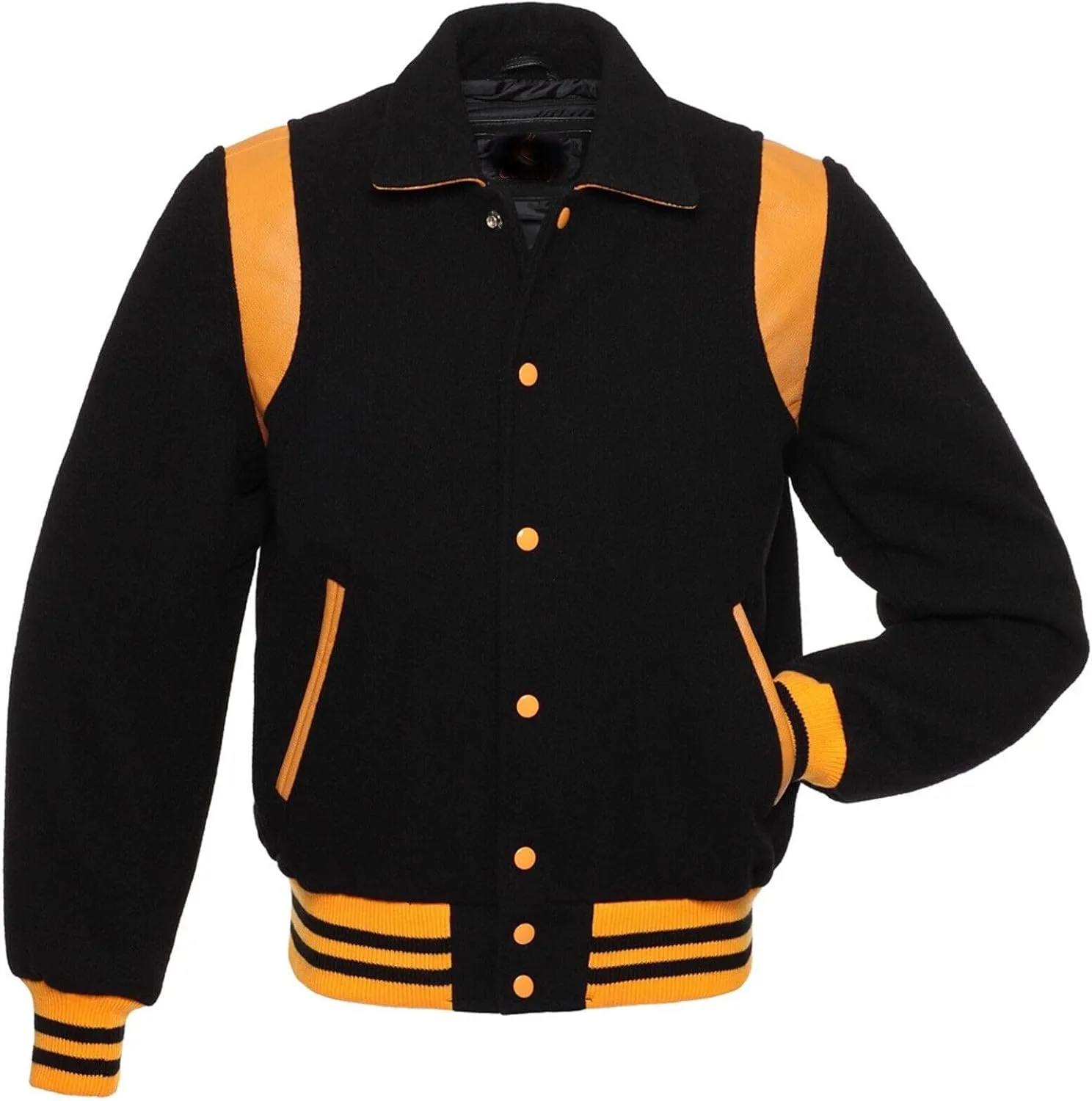 Letterman Varsity Jackets Retro Varsity Letterman Jackets Erect Collar Wool Blend Body Cowhide Leather Shoulder Strip