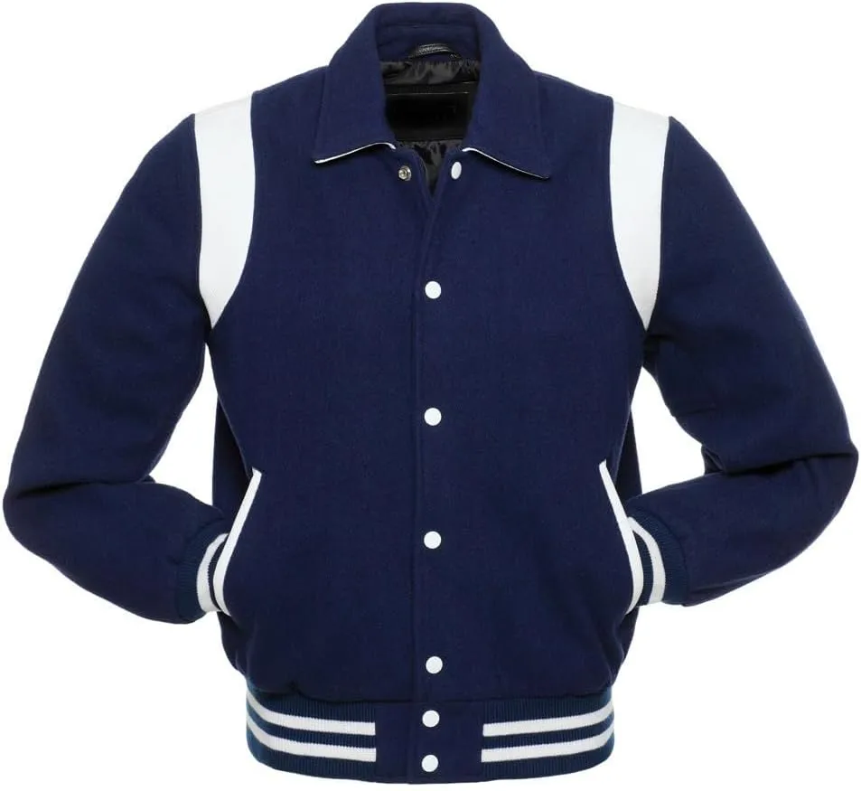 Letterman Varsity Jackets Retro Varsity Letterman Jackets Erect Collar Wool Blend Body Cowhide Leather Shoulder Strip