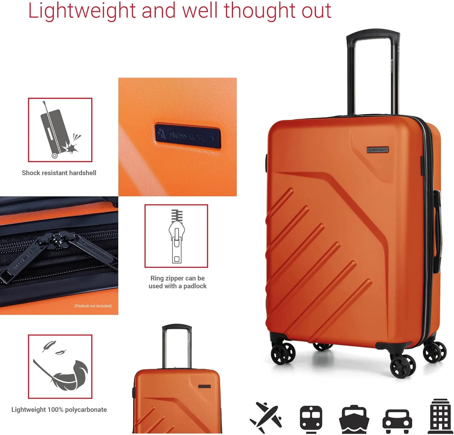 LGA Collection 24 Inch Hard Shell Luggage for Airplanes, Expandable Suitcase with 360-Degree Spinner Wheels, Retractable Handle, Orange