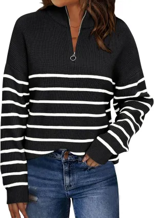 LILLUSORY Women's Quarter Zip Striped Oversized Sweater Mock Turtleneck Pullover Fall Fashion Outfit Winter Trendy Clothes