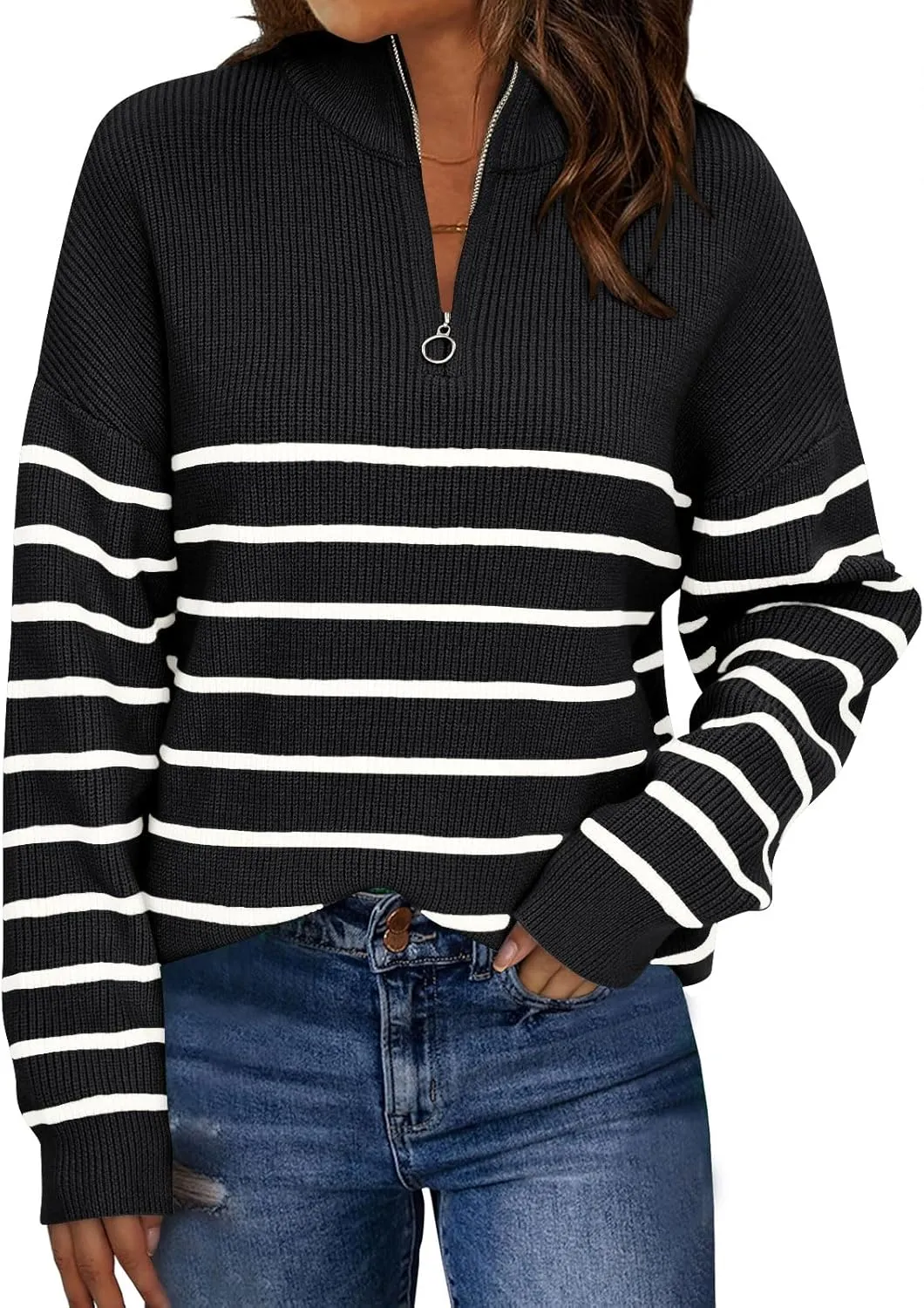 LILLUSORY Women's Quarter Zip Striped Oversized Sweater Mock Turtleneck Pullover Fall Fashion Outfit Winter Trendy Clothes