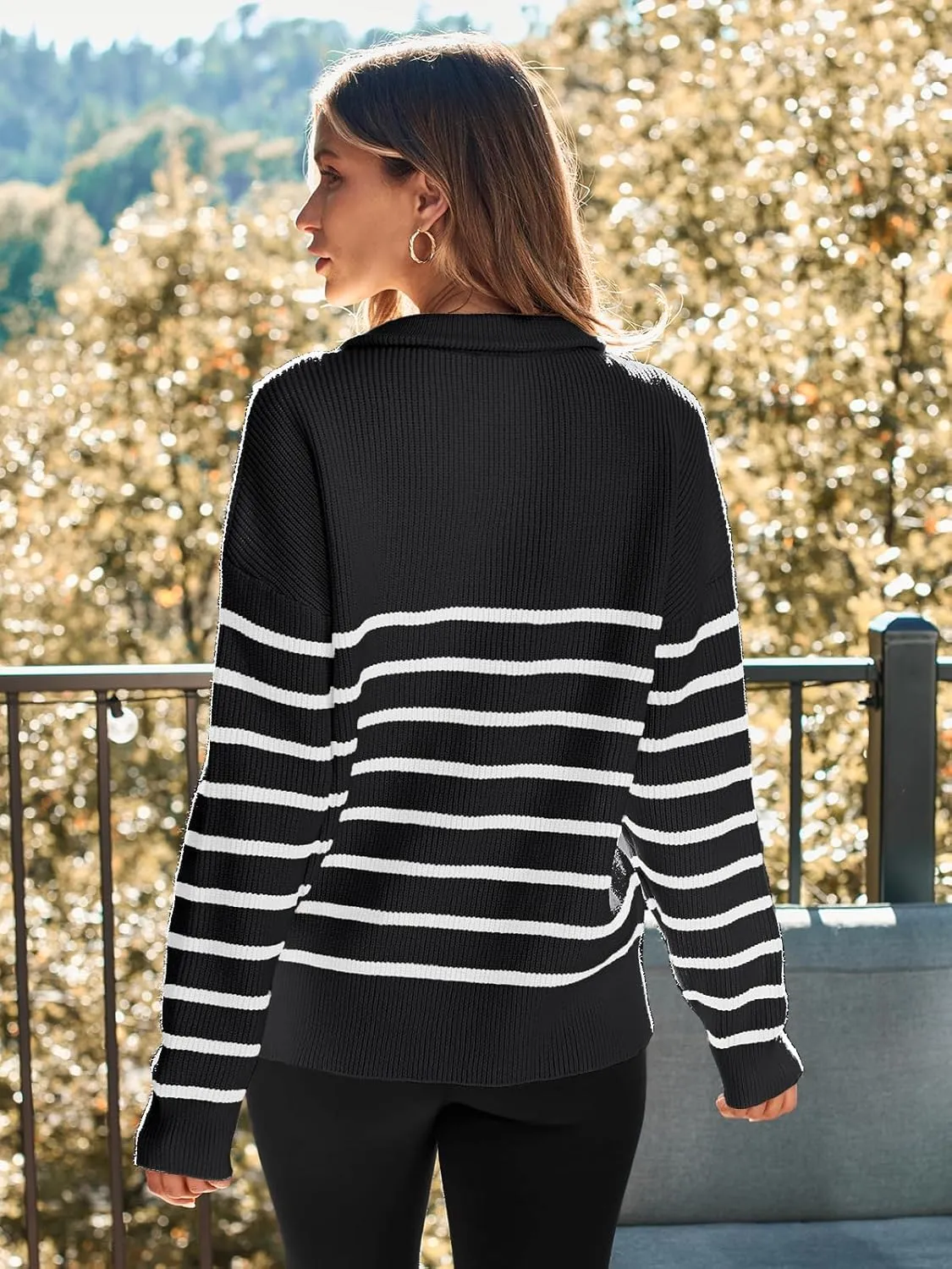 LILLUSORY Women's Quarter Zip Striped Oversized Sweater Mock Turtleneck Pullover Fall Fashion Outfit Winter Trendy Clothes