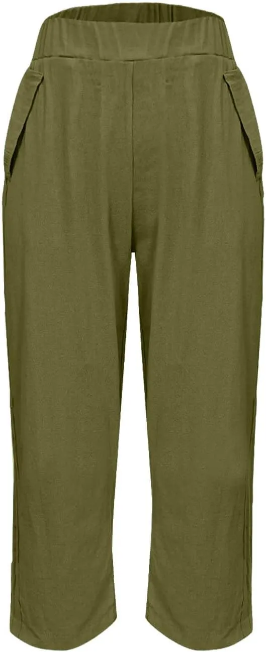 Linen Capris for Women Summer Casual Beach 3/4 Length Pants with Pockets Wide Leg Cotton Blend Comfy Cropped Trousers