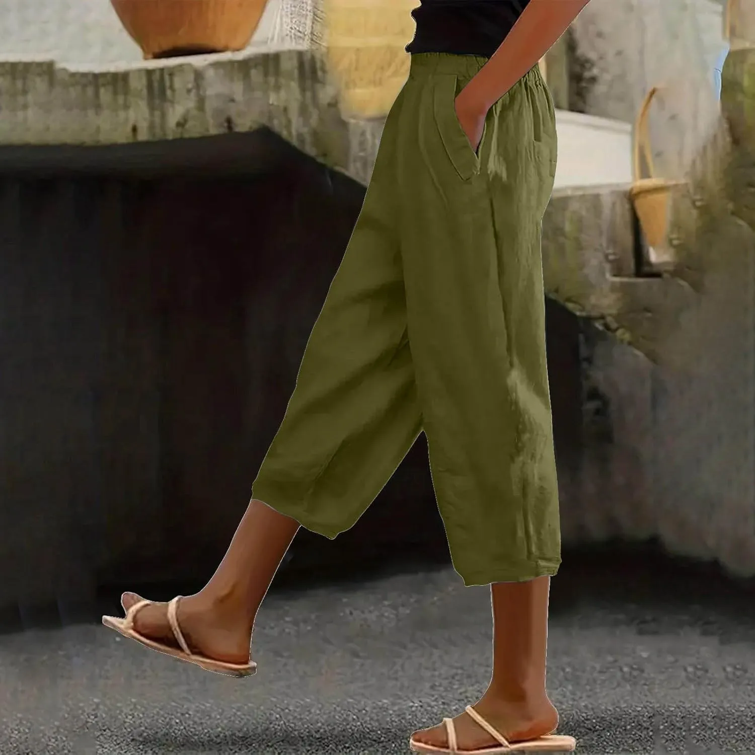 Linen Capris for Women Summer Casual Beach 3/4 Length Pants with Pockets Wide Leg Cotton Blend Comfy Cropped Trousers