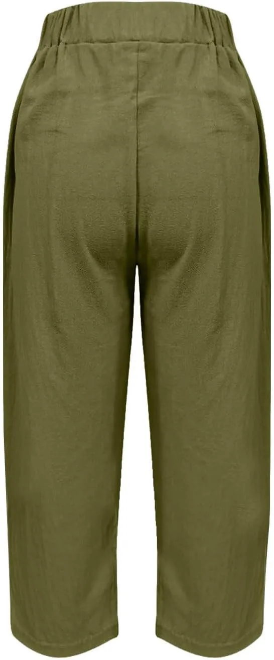 Linen Capris for Women Summer Casual Beach 3/4 Length Pants with Pockets Wide Leg Cotton Blend Comfy Cropped Trousers
