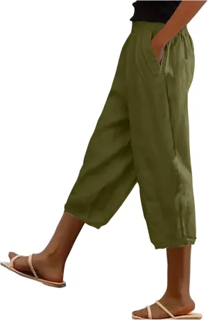 Linen Capris for Women Summer Casual Beach 3/4 Length Pants with Pockets Wide Leg Cotton Blend Comfy Cropped Trousers