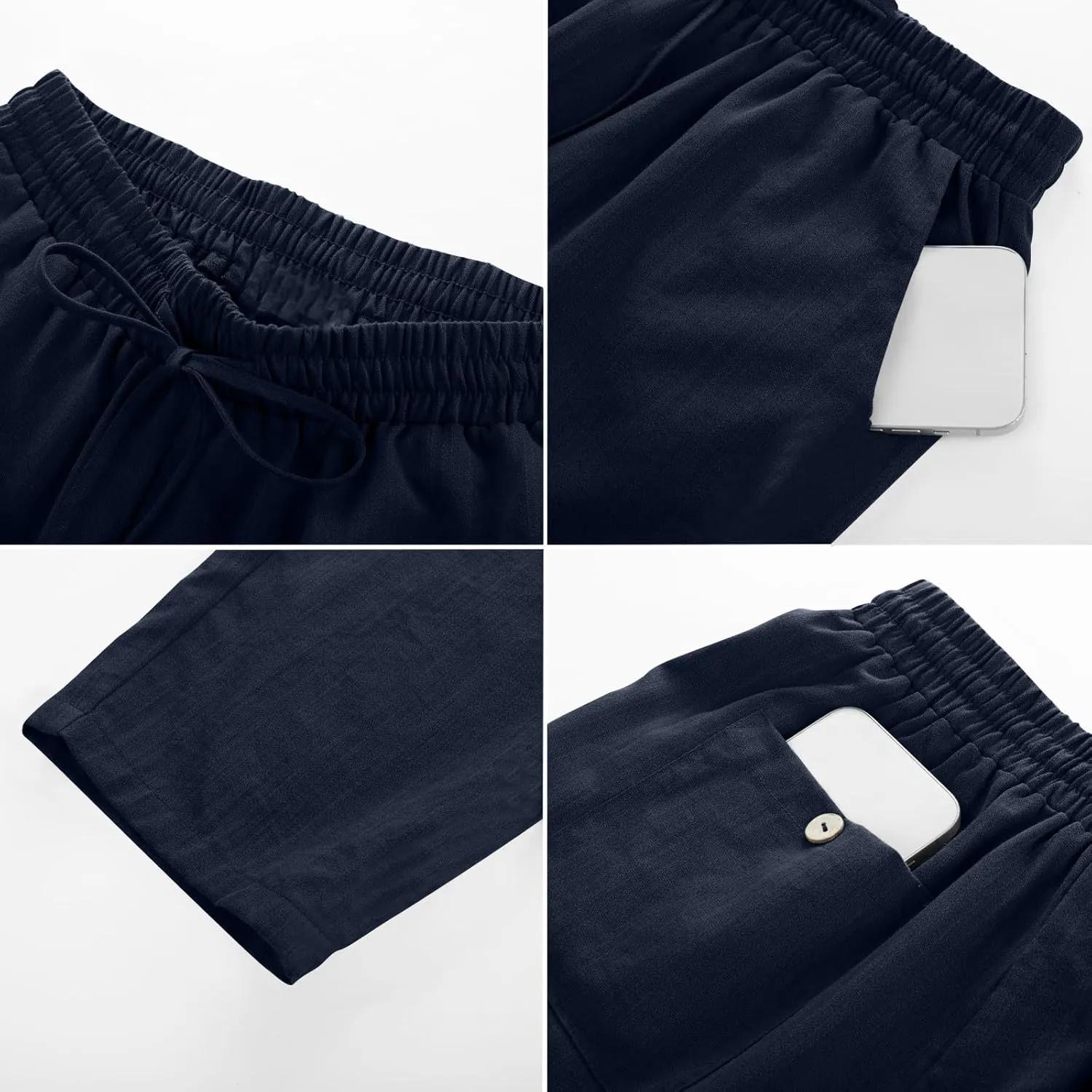 Linen Pants for Women Petite Beach High Waist Cropped Capris Elastic Tapered Ankle Drawstring Pants with Pockets