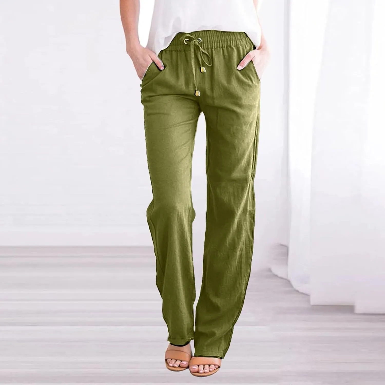 Linen Pants Women Long Linen Pants for Women White Linen Pants Women Wide Leg Pants Woman Elastic Drastring Trousers