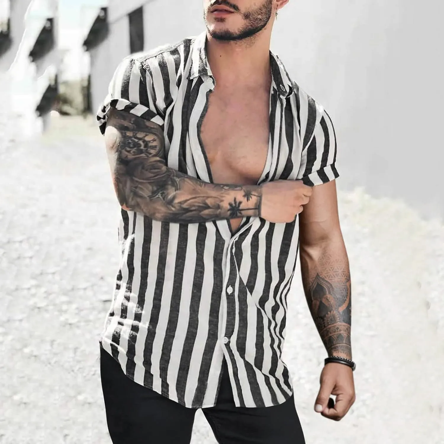 Linen Shirts for Men Men's Casual Button Down Shirt Short Sleeve Fashion Cotton Linen Striped Chambray Beach Shirts