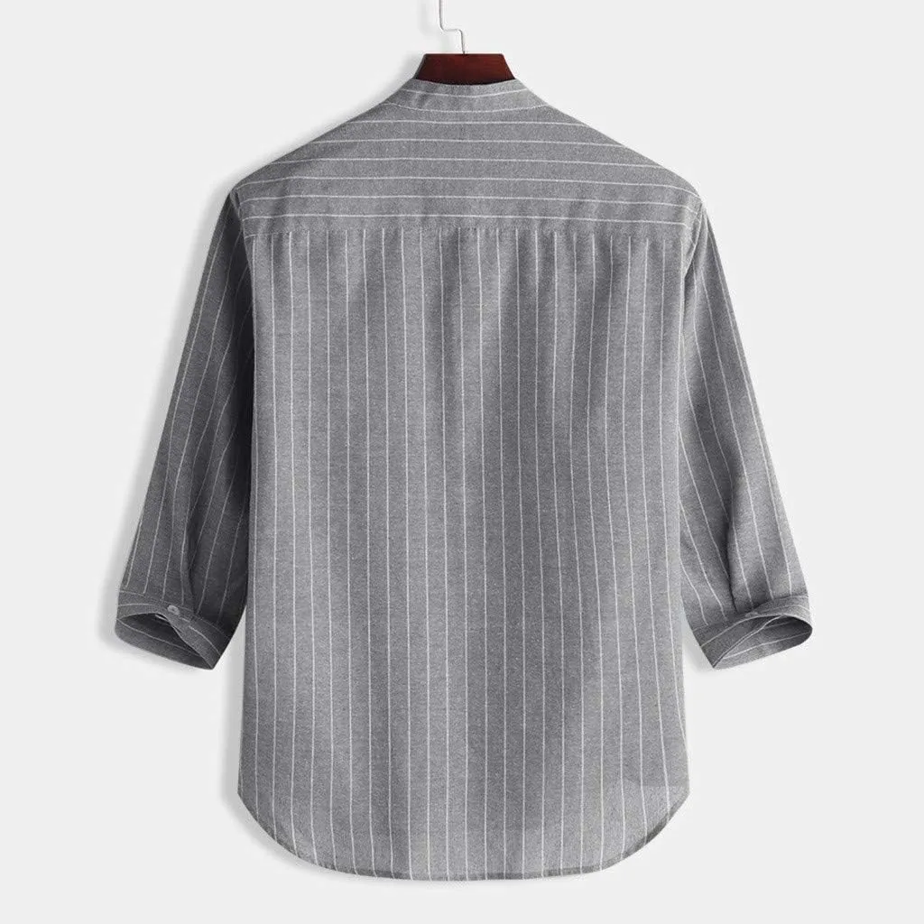 Linen Shirts for Men Men's Summer Button Down Casual Long Sleeve Curved Hem Striped Dress Shirts Linen Blouses Tops