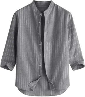 Linen Shirts for Men Men's Summer Button Down Casual Long Sleeve Curved Hem Striped Dress Shirts Linen Blouses Tops
