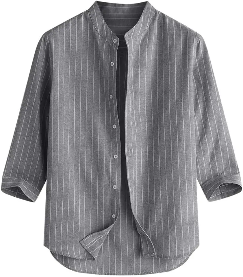 Linen Shirts for Men Men's Summer Button Down Casual Long Sleeve Curved Hem Striped Dress Shirts Linen Blouses Tops