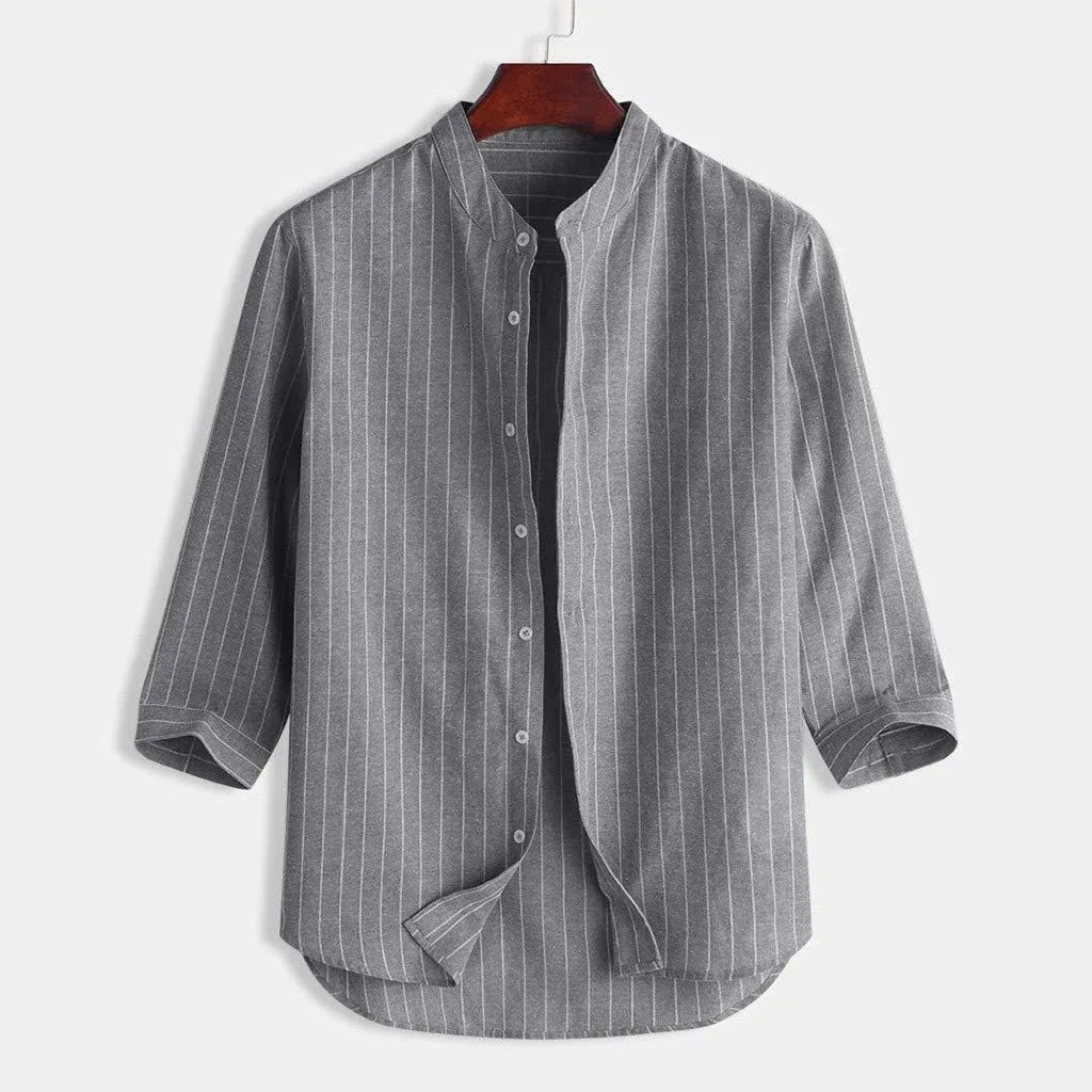 Linen Shirts for Men Men's Summer Button Down Casual Long Sleeve Curved Hem Striped Dress Shirts Linen Blouses Tops