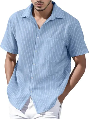 Linen Shirts for Men Men's Summer Casual Classice Short Sleeve Solid Button Down Shirts Dress Shirts with Pockets Top