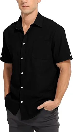 Linen Shirts for Men Men's Summer Casual Classice Short Sleeve Solid Button Down Shirts Dress Shirts with Pockets Top