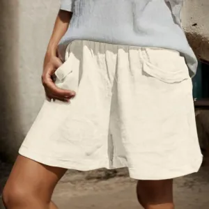 Linen Shorts of Women Casual Elastic High Waist Beach Short Summer Loose Lounge Wide Leg Pant Trousers with Pocket