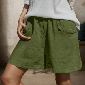 Linen Shorts of Women Casual Elastic High Waist Beach Short Summer Loose Lounge Wide Leg Pant Trousers with Pocket
