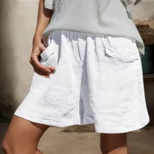 Linen Shorts of Women Casual Elastic High Waist Beach Short Summer Loose Lounge Wide Leg Pant Trousers with Pocket
