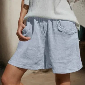 Linen Shorts of Women Casual Elastic High Waist Beach Short Summer Loose Lounge Wide Leg Pant Trousers with Pocket