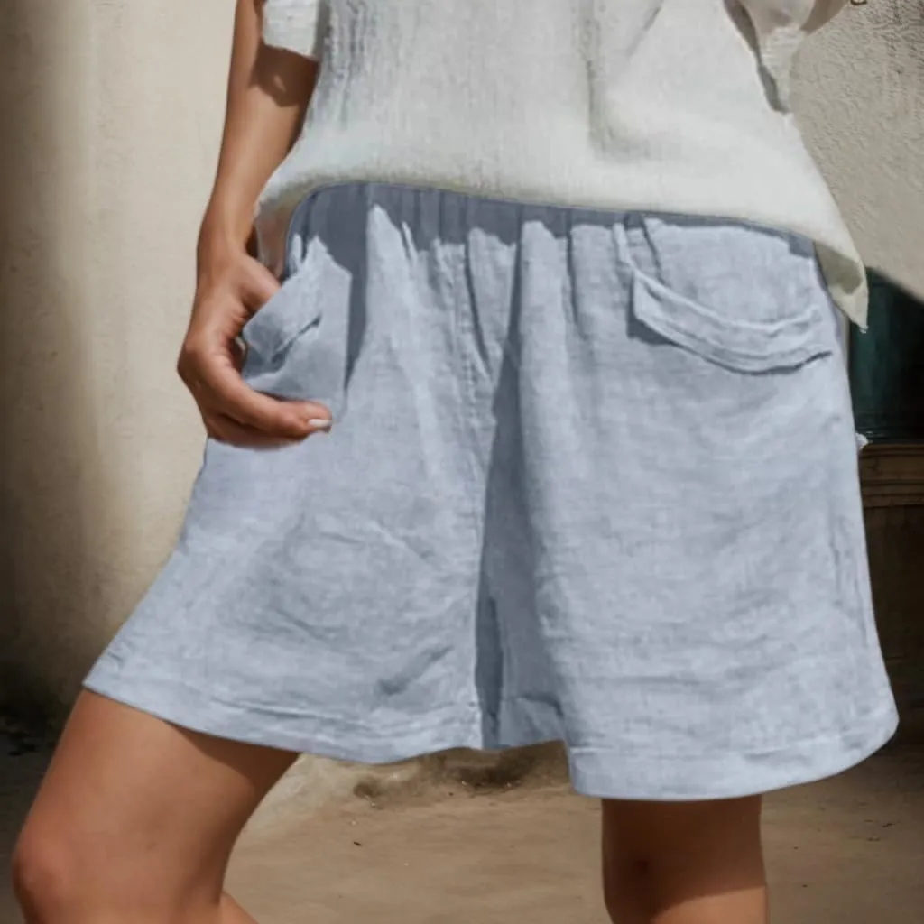 Linen Shorts of Women Casual Elastic High Waist Beach Short Summer Loose Lounge Wide Leg Pant Trousers with Pocket