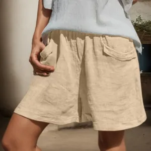 Linen Shorts of Women Casual Elastic High Waist Beach Short Summer Loose Lounge Wide Leg Pant Trousers with Pocket