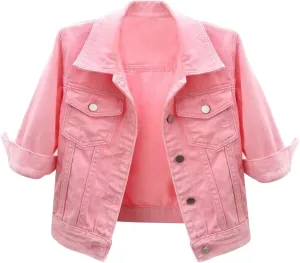 Linjinx Women's Turn-down Collar 3/4 Sleeve Denim Jacket Casual Jean Jacket Trucker Coats Tops