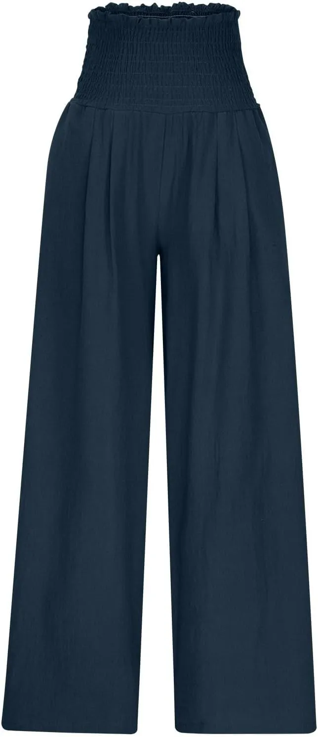 Lmdudan Womens Elastic High Waisted Palazzo Pants Casual Wide Leg Long Lounge Pant 2025 Summer Trousers with Pockets