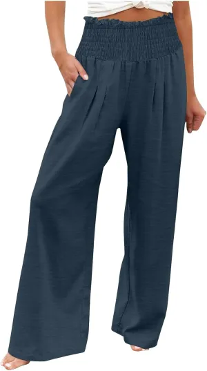 Lmdudan Womens Elastic High Waisted Palazzo Pants Casual Wide Leg Long Lounge Pant 2025 Summer Trousers with Pockets