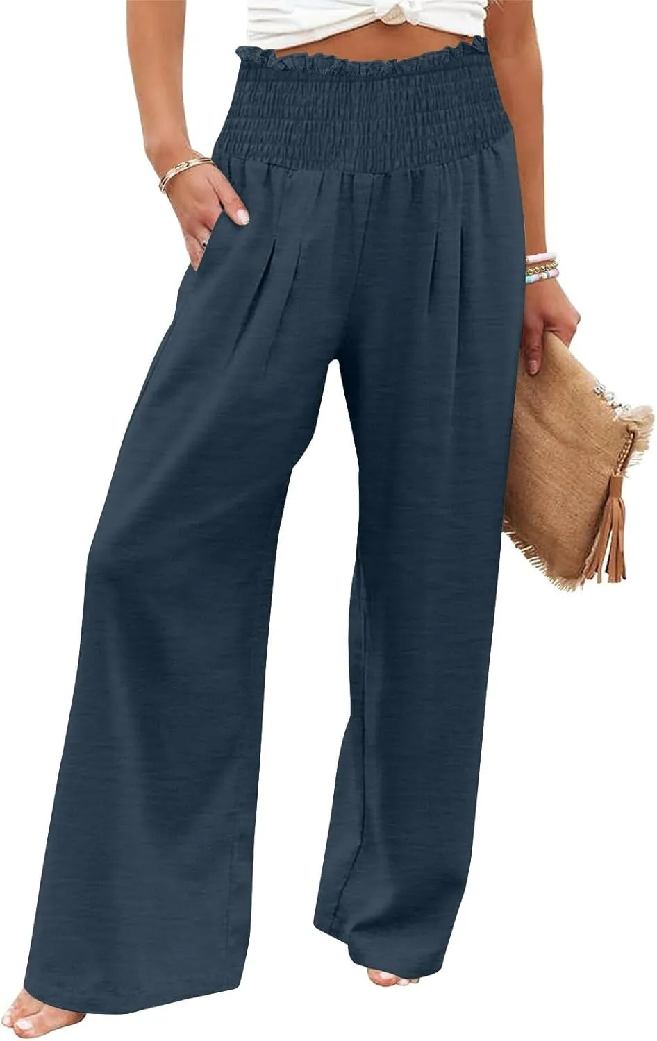 Lmdudan Womens Elastic High Waisted Palazzo Pants Casual Wide Leg Long Lounge Pant 2025 Summer Trousers with Pockets