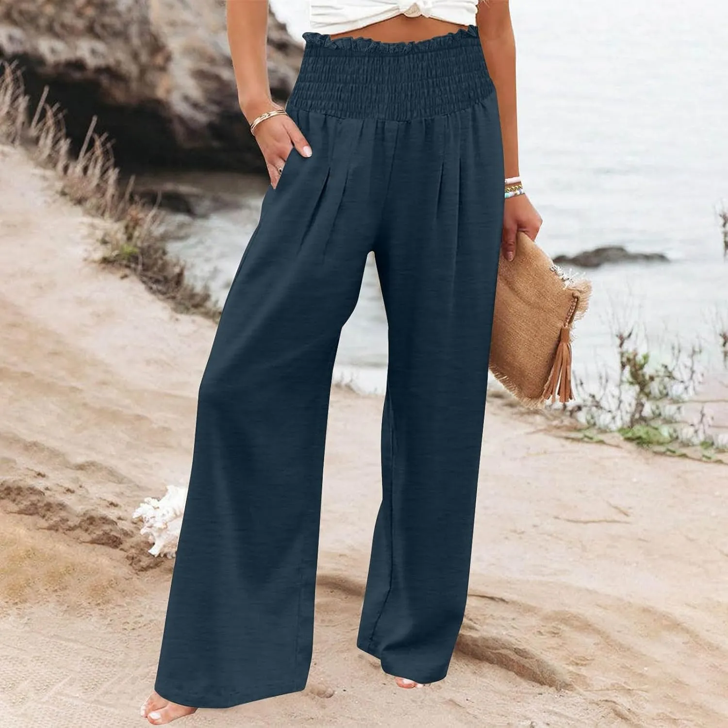 Lmdudan Womens Elastic High Waisted Palazzo Pants Casual Wide Leg Long Lounge Pant 2025 Summer Trousers with Pockets