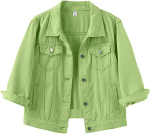 Locachy Womens 3/4 Sleeve Short Denim Jacket Lapel Button Down Cropped Trucker Jean Jackets Coats