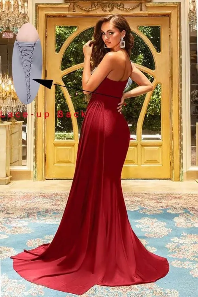 Long Mermaid Bridesmaid Dresses for Women One Shoulder Prom Dress Satin Beaded Formal Evening Party Gown with Train