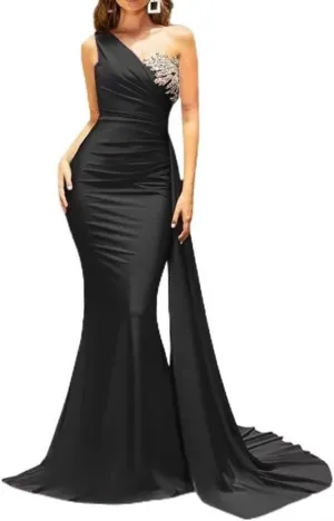 Long Mermaid Bridesmaid Dresses for Women One Shoulder Prom Dress Satin Beaded Formal Evening Party Gown with Train