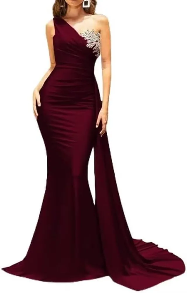 Long Mermaid Bridesmaid Dresses for Women One Shoulder Prom Dress Satin Beaded Formal Evening Party Gown with Train