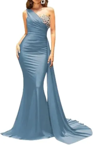 Long Mermaid Bridesmaid Dresses for Women One Shoulder Prom Dress Satin Beaded Formal Evening Party Gown with Train