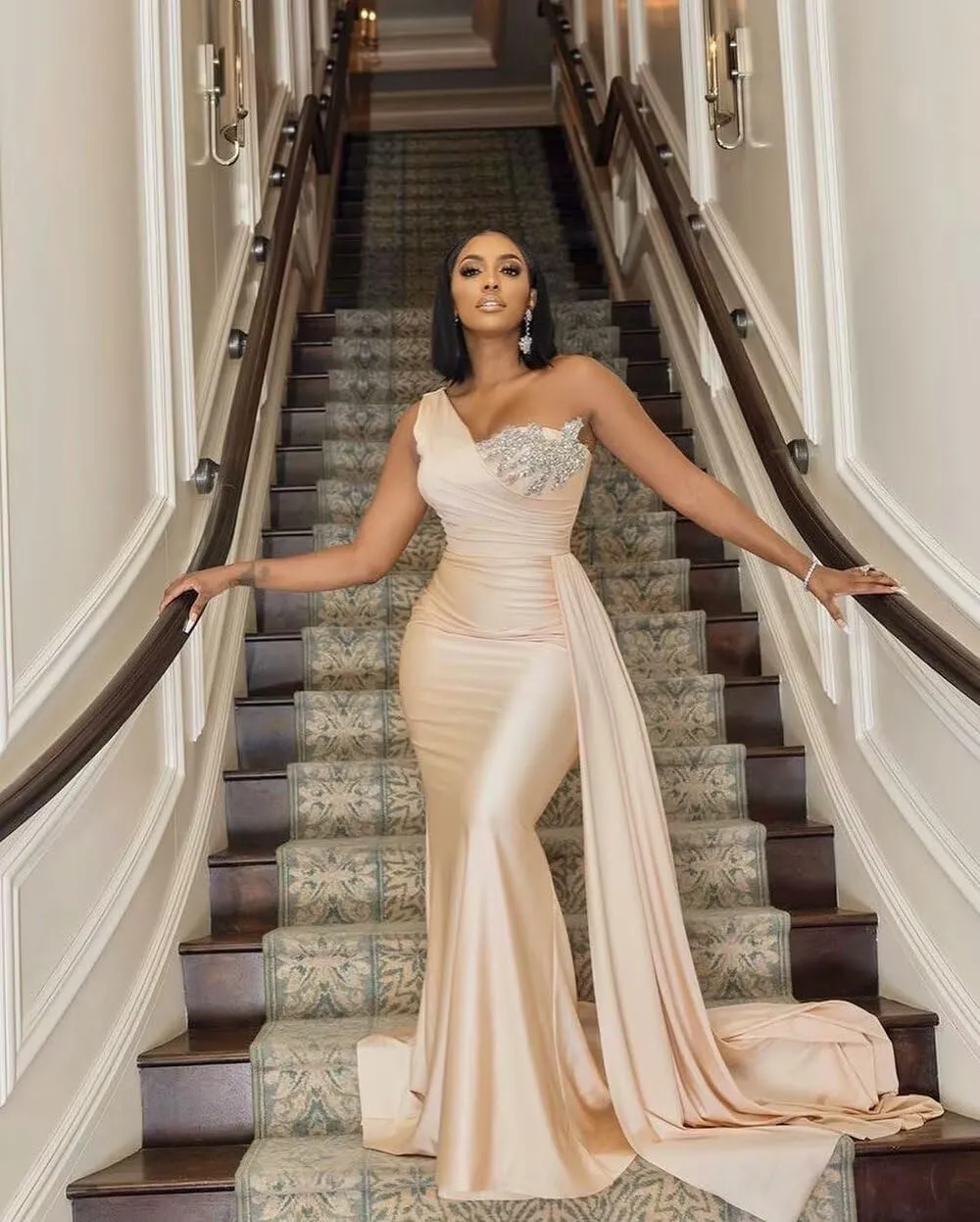 Long Mermaid Bridesmaid Dresses for Women One Shoulder Prom Dress Satin Beaded Formal Evening Party Gown with Train