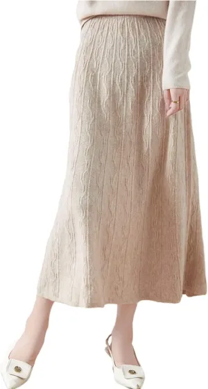 Long Skirt Women's 100% Merino Wool Knit Skirt Girl's Ribbed Elastic Autumn Winter Loose Skirts