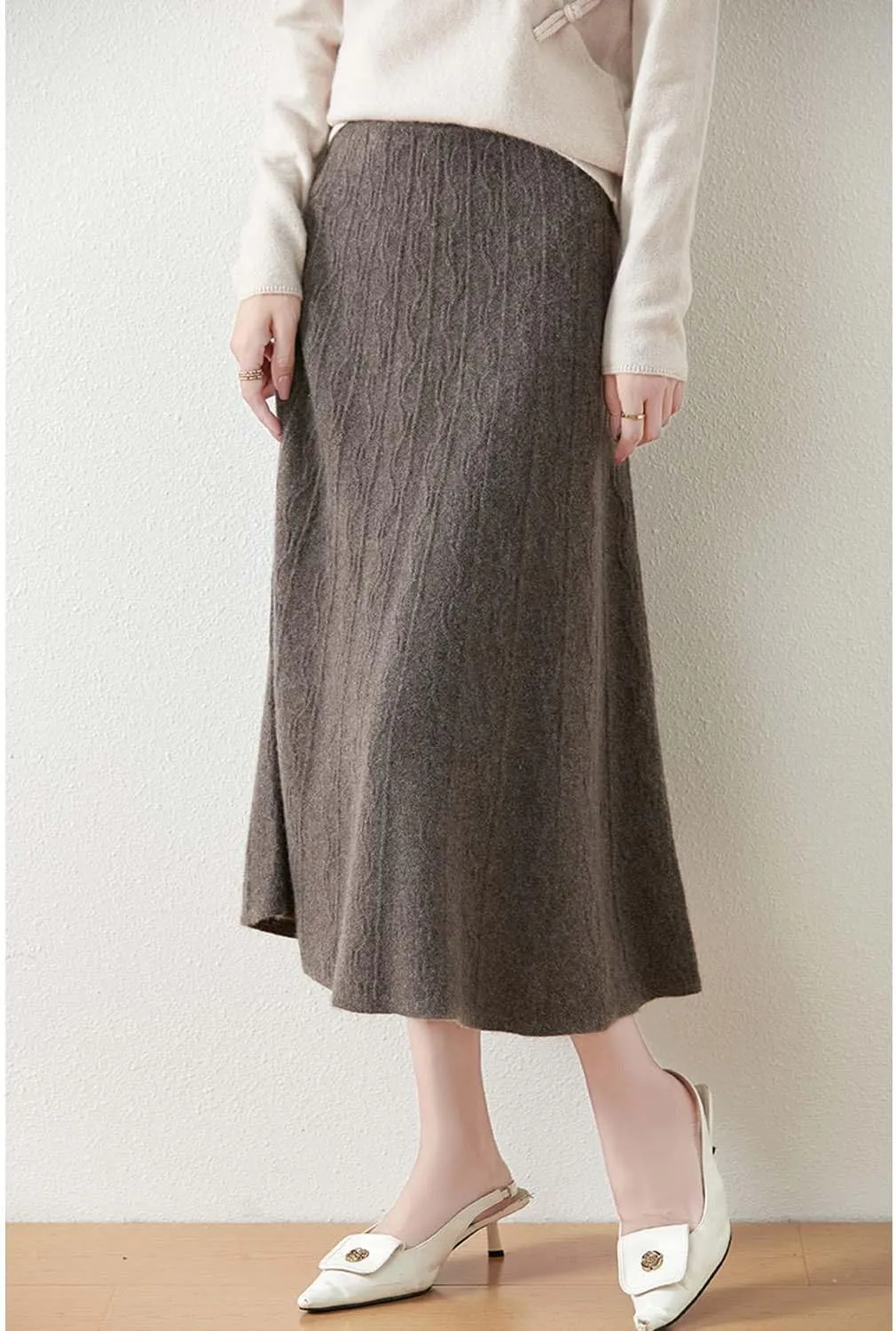 Long Skirt Women's 100% Merino Wool Knit Skirt Girl's Ribbed Elastic Autumn Winter Loose Skirts