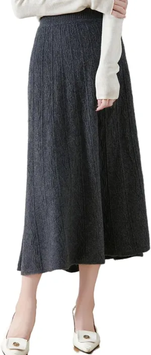 Long Skirt Women's 100% Merino Wool Knit Skirt Girl's Ribbed Elastic Autumn Winter Loose Skirts