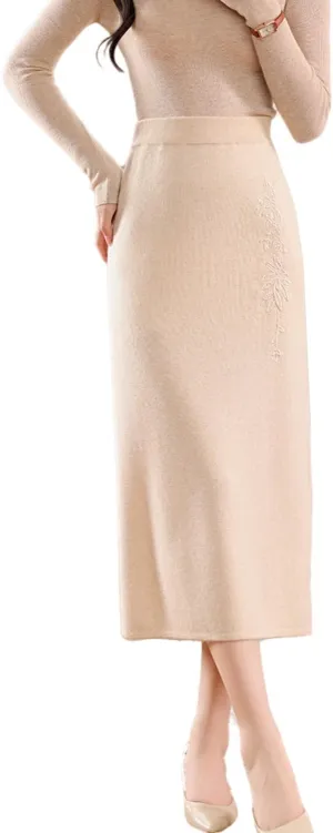 Long Skirt Women's 100% Merino Wool Knit Slit Skirt Ribbed Elastic Waist Embroidered Skirts