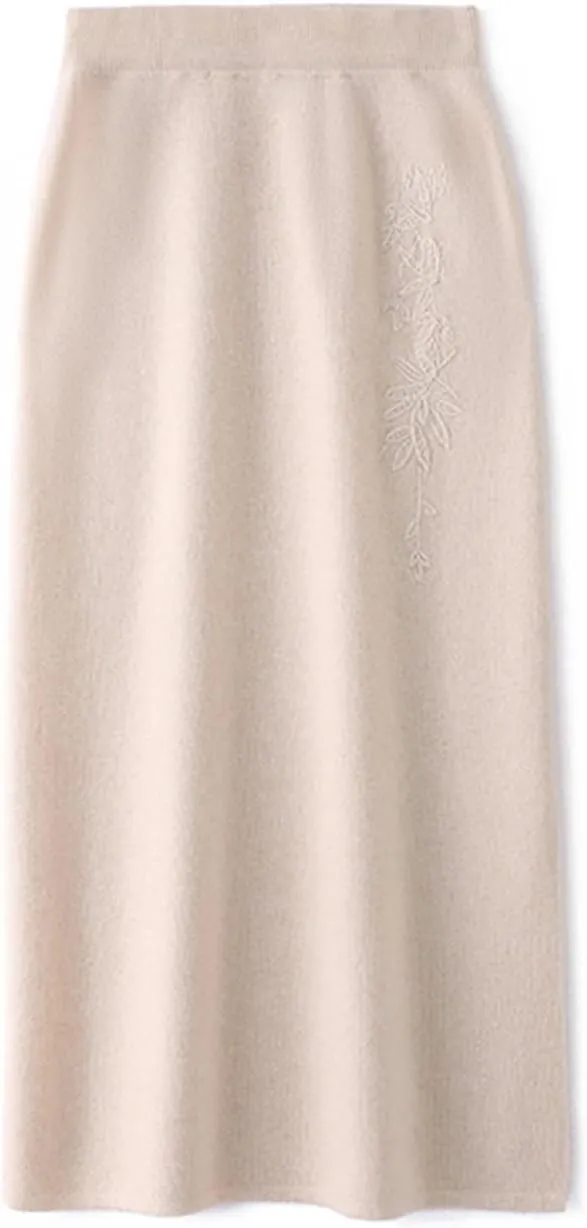 Long Skirt Women's 100% Merino Wool Knit Slit Skirt Ribbed Elastic Waist Embroidered Skirts