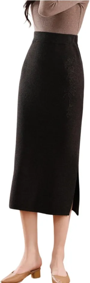 Long Skirt Women's 100% Merino Wool Knit Slit Skirt Ribbed Elastic Waist Embroidered Skirts
