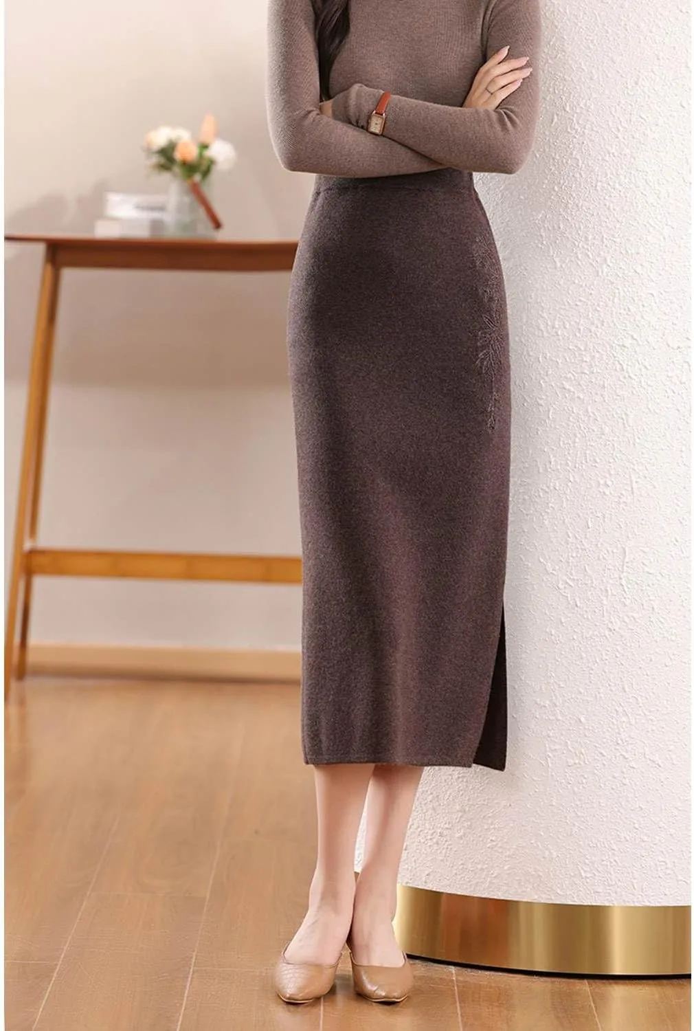 Long Skirt Women's 100% Merino Wool Knit Slit Skirt Ribbed Elastic Waist Embroidered Skirts