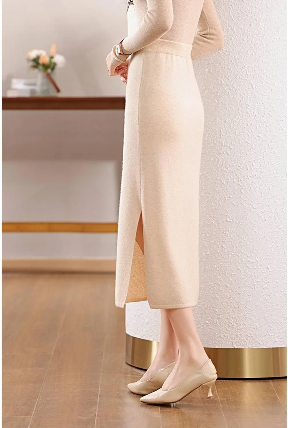 Long Skirt Women's 100% Merino Wool Knit Slit Skirt Ribbed Elastic Waist Embroidered Skirts