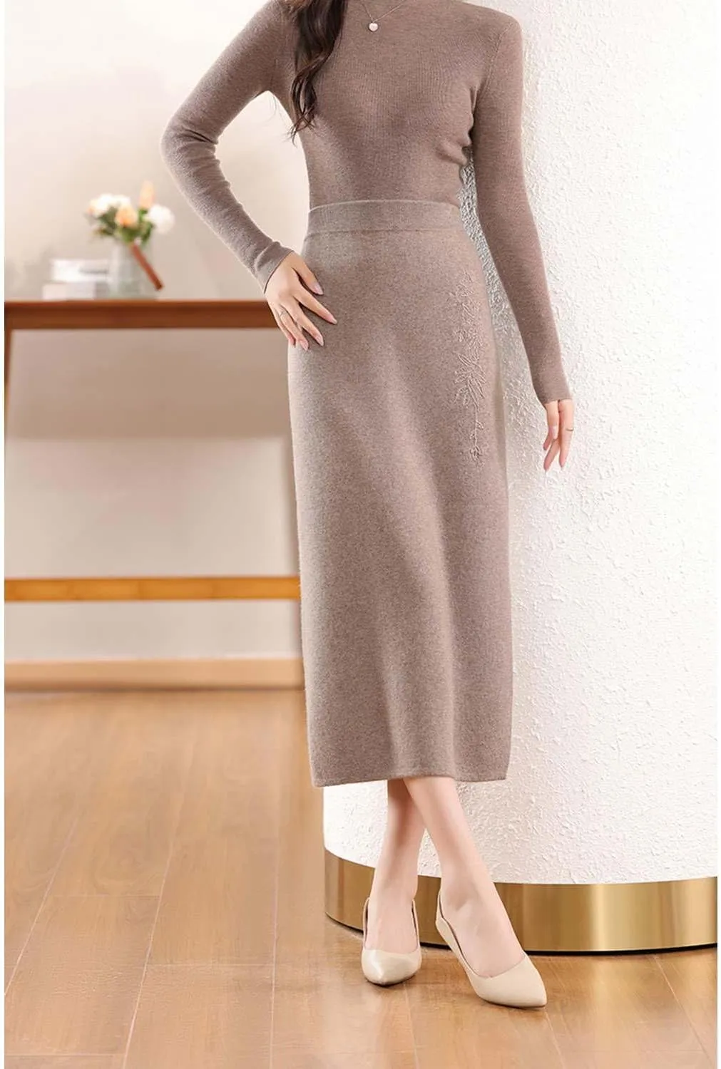 Long Skirt Women's 100% Merino Wool Knit Slit Skirt Ribbed Elastic Waist Embroidered Skirts