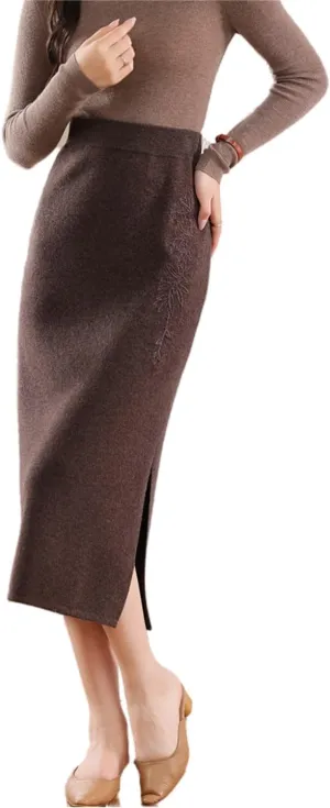 Long Skirt Women's 100% Merino Wool Knit Slit Skirt Ribbed Elastic Waist Embroidered Skirts