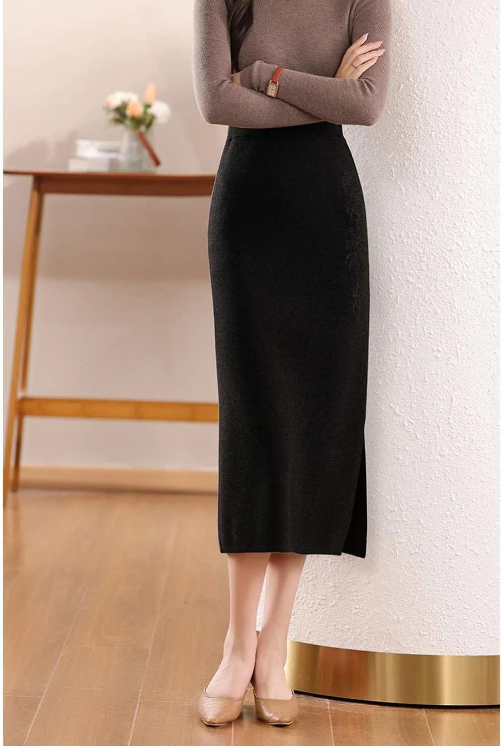 Long Skirt Women's 100% Merino Wool Knit Slit Skirt Ribbed Elastic Waist Embroidered Skirts