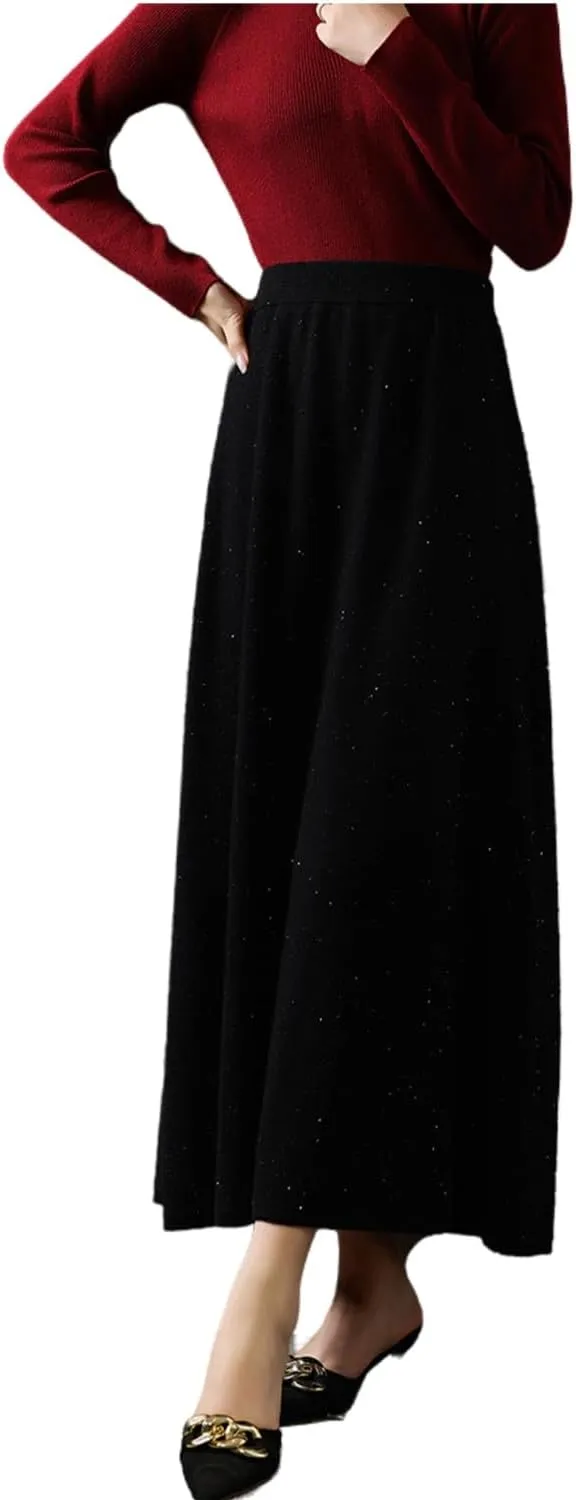 Long Skirt Women's 100% Merino Wool Knitted Skirt Winter Warm Ribbed Elastic Waist Sequin Skirts